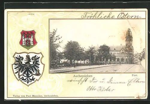 Passepartout-Lithographie Aschersleben, Strasse zur Post, Wappen