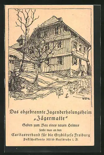 AK Feldberg / Schwarzwald, Das abgebrannte Jugenderholungsheim Jägermatte, Bausteinkarte