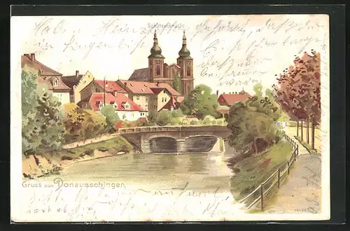 Lithographie Donaueschingen, Donau gegen Schützenbrücke
