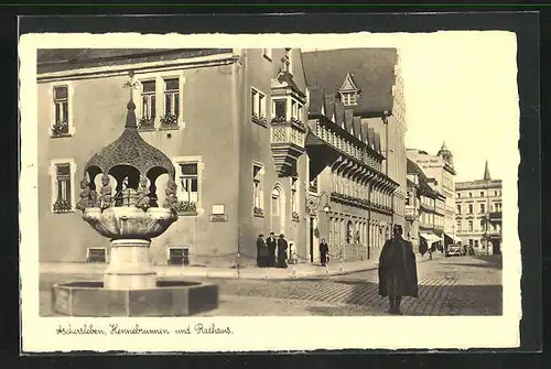 AK Aschersleben, Hennebrunnen und Rathaus am Marktplatz