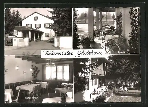 AK Gräfelfing, Hotel Würmtaler Gästehaus im Würmtal, Rottenbucher Strasse 55, Innenansicht Frühstücksraum, Terrasse
