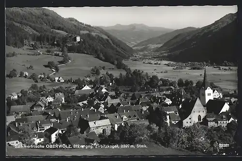 AK Oberwölz, Ortsansicht gegen Zirbitzkogel