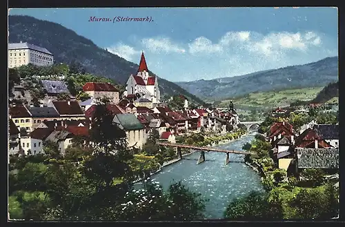 AK Murau, Ortsansicht und Flusspartie mit Brücke aus der Vogelschau