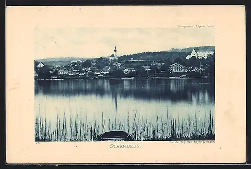 AK Starnberg, Ortsansicht mit Kirche vom Wasser aus gesehen