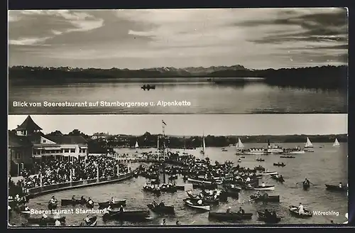 AK Starnberg, Boote am Seerestaurant Starnberg, Blick auf die Alpen hinter dem Starnberger See