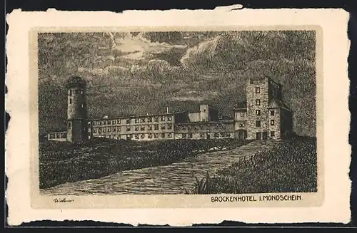 AK Brocken / Harz, Brockenhotel im Mondschein