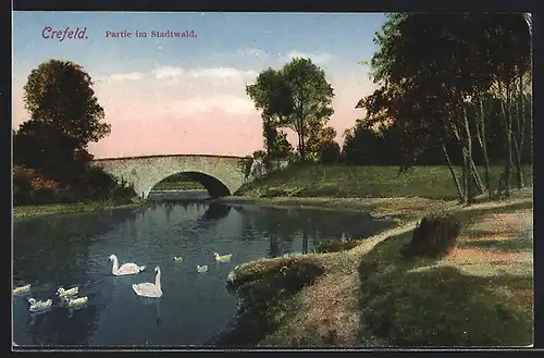 AK Krefeld, Stadtwald mit Brücke