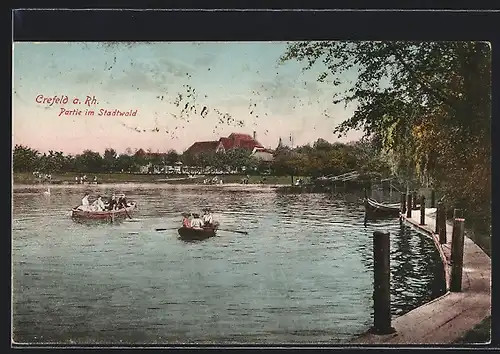 AK Krefeld, Stadtwald, Ruderpartie auf dem See
