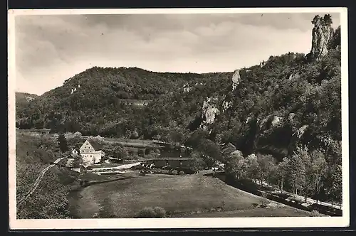 AK Sigmaringen / Donautal, Gasthaus und Pension Neumühle mit Ruine Falkenstein