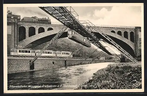 AK Wuppertal, Schwebebahn, Drei Bahnen an der Sonnborner Brücke