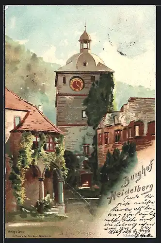 Lithographie Heidelberg, Idyll im Burghof