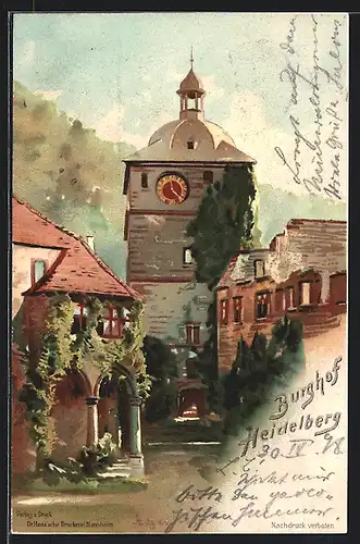 Lithographie Heidelberg, Idyll im Burghof