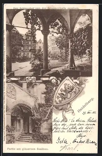 AK Heidelberg / Neckar, gläserner Saalbau, Schlosshof von der Brunnenhalle aus, Wappen