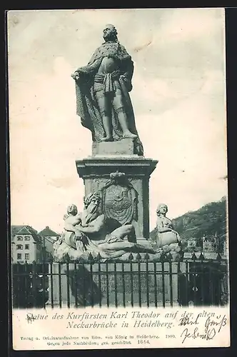 AK Heidelberg, Statue des Kurfürsten Karl Theodor auf der alten Neckarbrücke