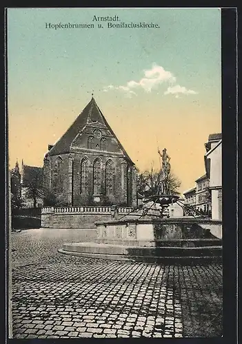 AK Arnstadt, Hopfenbrunnen u. Bonifaciuskirche