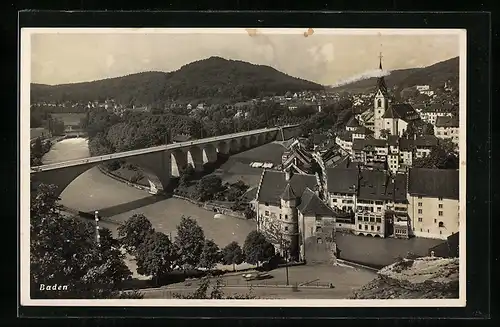 AK Baden, Ortsansicht mit Brücke und Kirche aus der Vogelschau