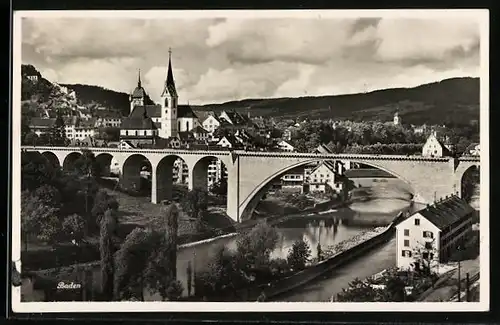 AK Baden, Ortspartie mit Brücke und Kirche