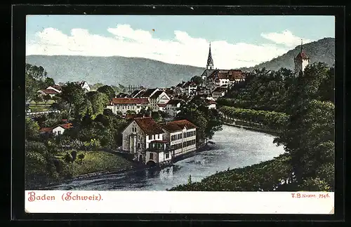 AK Baden, Ortsansicht und Flusspartie aus der Vogelschau