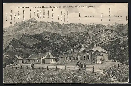 Künstler-AK Urnäsch, Panorama von der Hochalp, Bergnamenkarte
