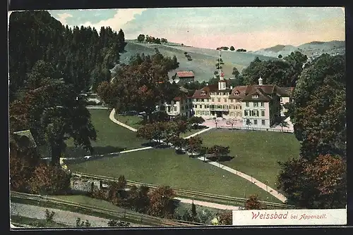 AK Weissbad, Ortspartie aus der Vogelschau