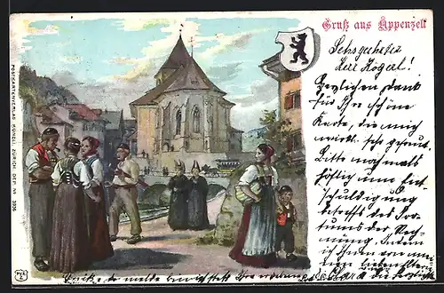 Lithographie Appenzell, Fussgänger an der Kirche