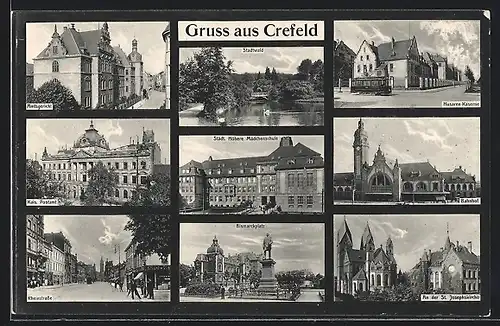 AK Crefeld, Amtsgericht, Rheinstrasse, Bahnhof, Husaren-Kaserne