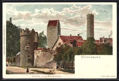 Lithographie Ravensburg, Ansicht der Türme in der Rauenegg