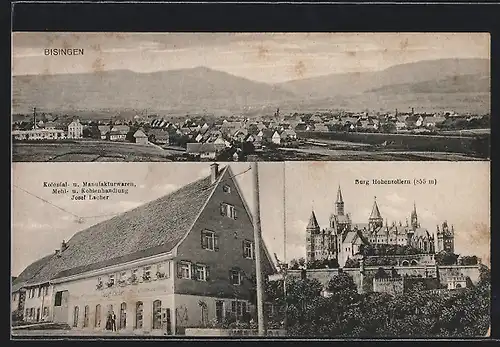 AK Bisingen, Panorama, Burg Hohenzollern, Mehl- und Kohlenhandlung