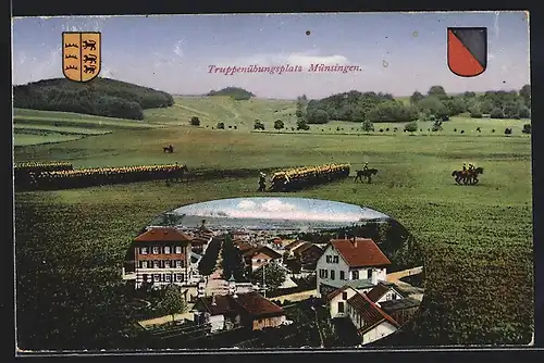 AK Münsingen, Truppenübungsplatz, Orts- und Feldansicht, Wappen