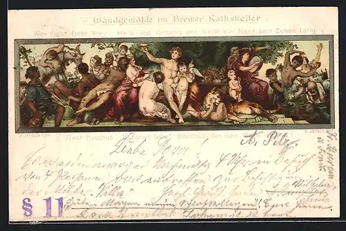 Lithographie Bremen, Wandgemälde mit Bacchus im Gasthaus Rathskeller