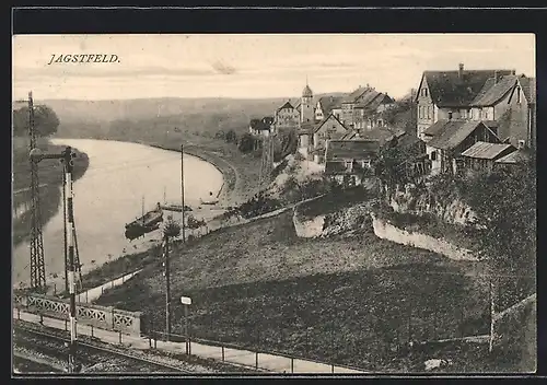 AK Jagstfeld a. N., Uferpartie, Ortspartie mit Bahngleisen