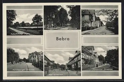 AK Bebra, Platz, Hauptmann Göring-Strasse, Strasse, Nürnberger-, Pfarr- und Kasseler Strasse