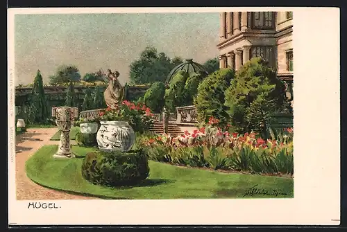 Künstler-AK Essen / Ruhr, Villa Hügel, Parkidylle am Haus