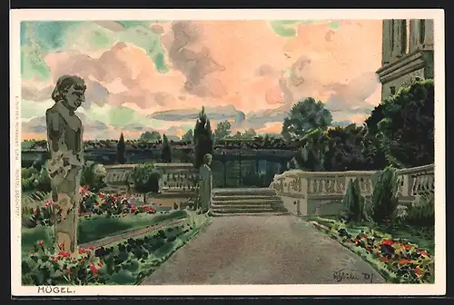 Künstler-AK Essen / Rühr, Villa Hügel, Park mit Treppe