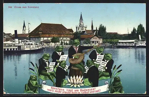 AK Konstanz, Hafenpartie, Vermenschlichte Frösche machen Musik