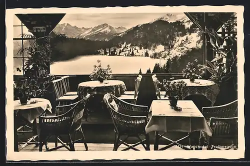 AK Oberstdorf, Waldhotel Freibergsee, Blick von der Glasveranda nach Süden