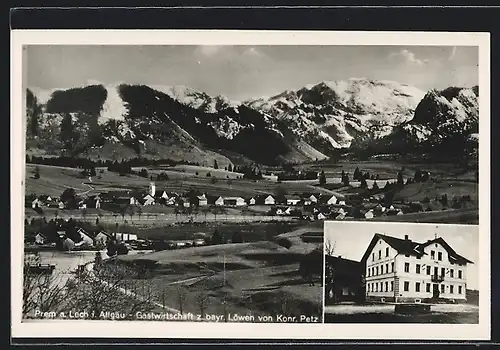 AK Prem a. Lech, Ortsansicht mit Bergpanorama, Gastwirtschaft zum bayr. Löwen