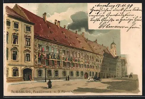 Lithographie Augsburg, Fuggerhaus und 3 Mohren