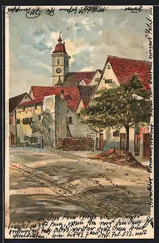Künstler-Lithographie Nürtingen, Strassenpartie mit Blick zur Kirche