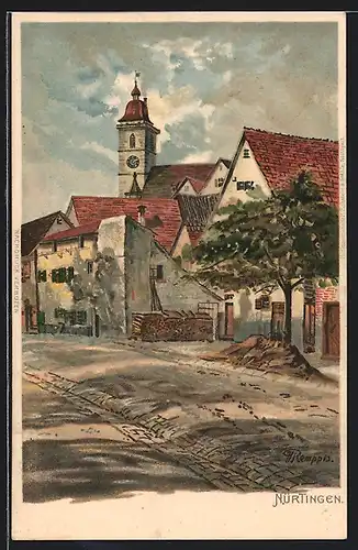 Künstler-Lithographie Nürtingen, Strassenpartie mit Blick zur Kirche