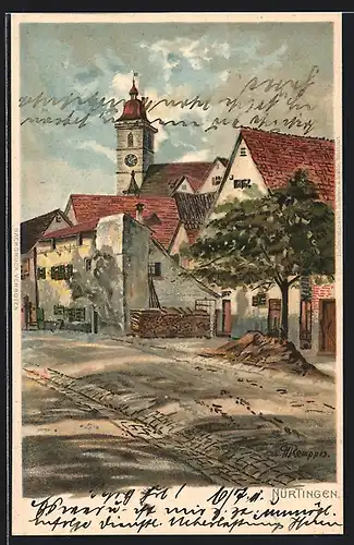 Künstler-Lithographie Nürtingen, Strassenpartie mit Blick zur Kirche