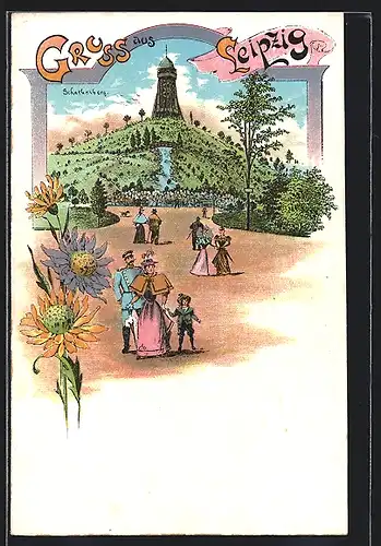 Lithographie Leipzig, Aussichtsturm auf dem Scherbelberg