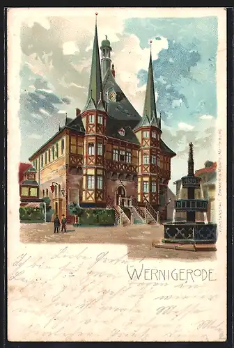 Lithographie Wernigerode, Ortsansicht mit Brunnen