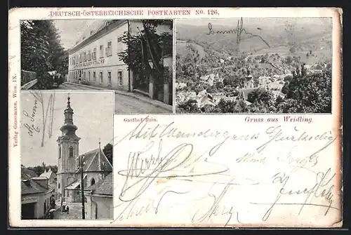 AK Weidling, Gasthof Rain, Kirche und Ortsansicht aus der Vogelschau