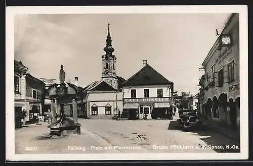 AK Gross-Pöchlarn /Donau, Thöring-Platz mit Pfarrkirche