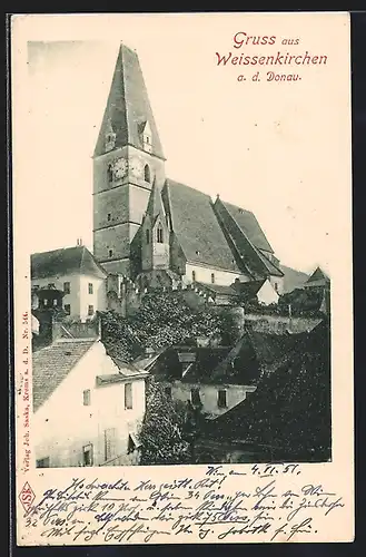 AK Weissenkirchen / Donau, Teilansicht mit Kirche aus der Vogelschau