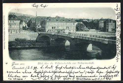 AK Cannstatt, Blick über die Wilhelmsbrücke zur Neckarvorstadt