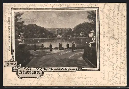 Künstler-AK Stuttgart, Kgl. Schloss von den Anlagen aus gesehen