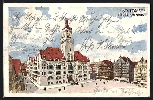 Künstler-AK Stuttgart, Neues Rathaus aus der Vogelschau