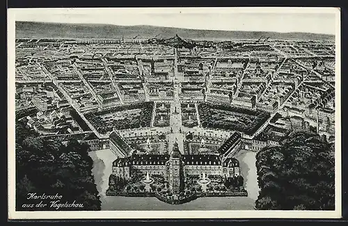 Künstler-AK Karlsruhe, Blick auf das Schloss und die Stadt